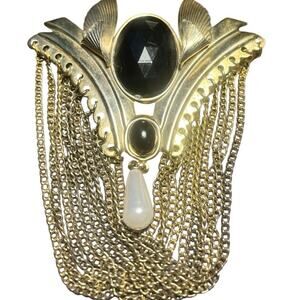 Vintage Black Onyx and Teardrop Pearl Brooch with Gold Chains 3.5” x 2.5”